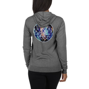 a woman in a grey zip hoodie with teal, gold and purple galaxy and a geometric design.	
