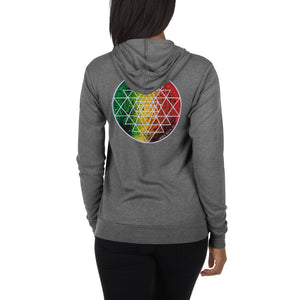 a woman in a grey zip hoodie with red, yellow and green with a geometric design.	