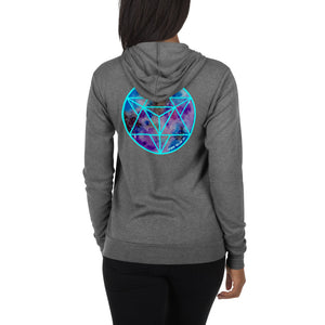 a woman in a grey zip hoodie with a blue and purple sacred geometry design.	