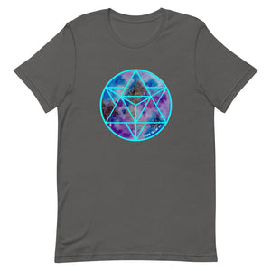 a grey t - shirt with a blue and purple sacred geometry design.	