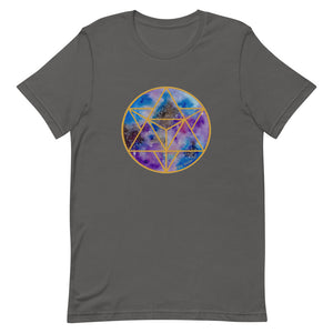a grey t - shirt with a gold and blue and purple geometric design.	