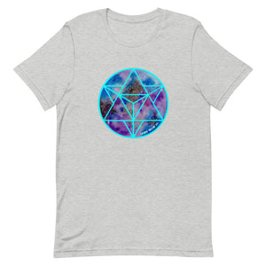 a white t - shirt with a blue and purple geometric design.	