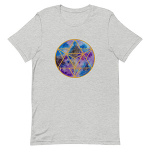 a light grey t - shirt with a gold and blue and purple with a sacred geometry design.	