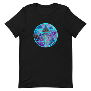 a black t - shirt with a blue and purple geometric design.	
