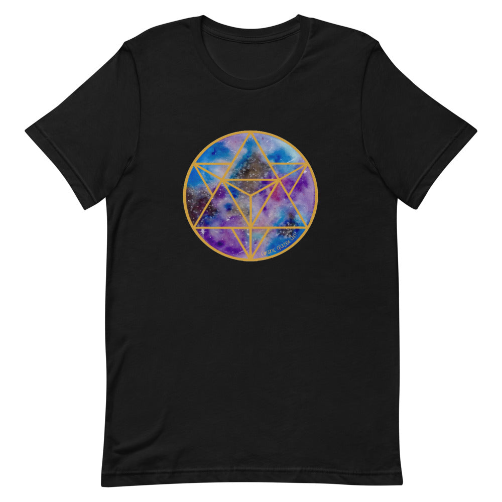 a black t - shirt with a gold and blue and purple geometric design.	