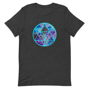 a dark grey t - shirt with a blue and purple geometric design.	