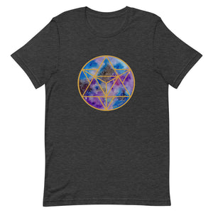 a dark grey t - shirt with a gold and blue and purple geometric design.	