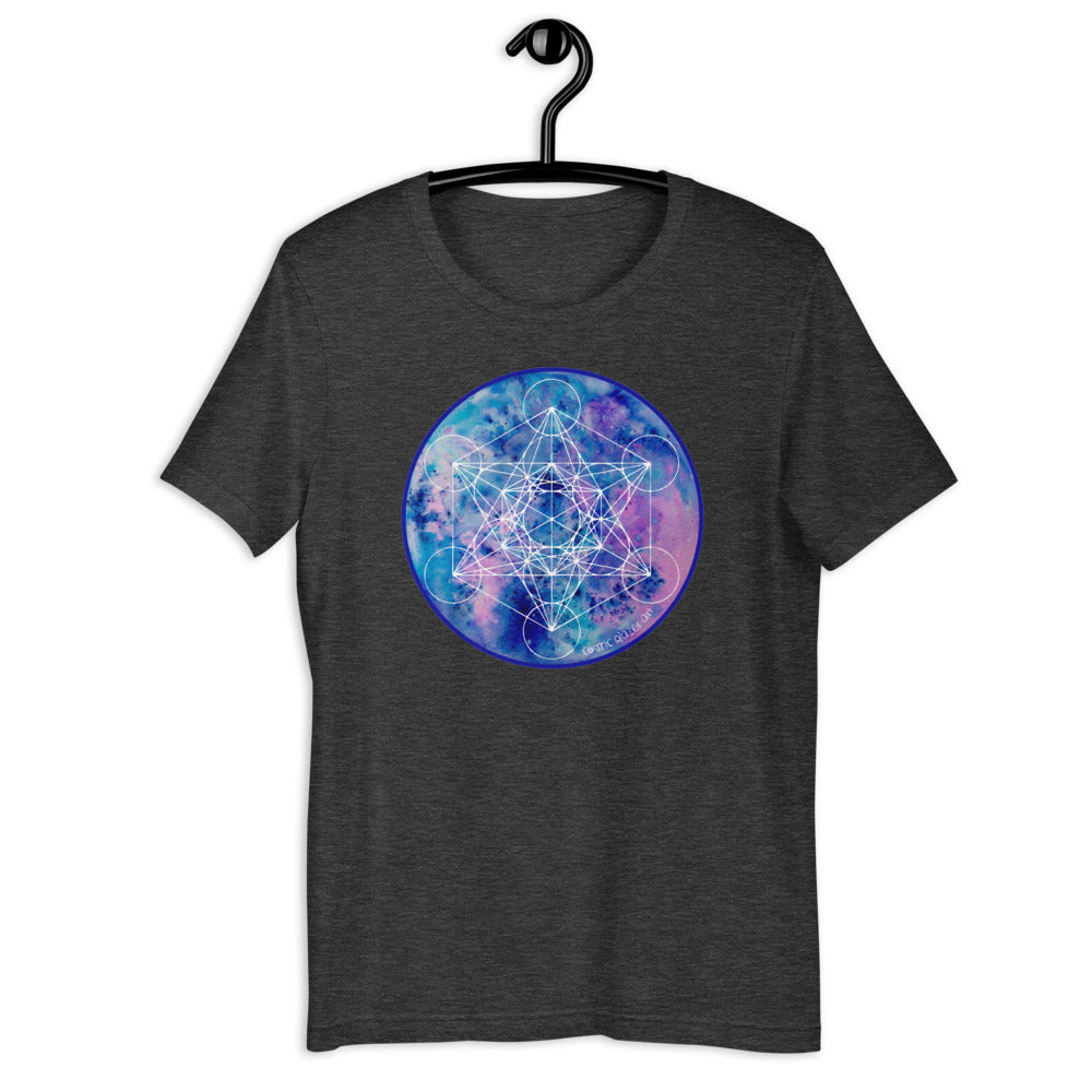a dark grey t - shirt with a blue and purple sacred geometry design.	