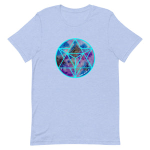 a heather blue t - shirt with a blue and purple sacred geometry design.	