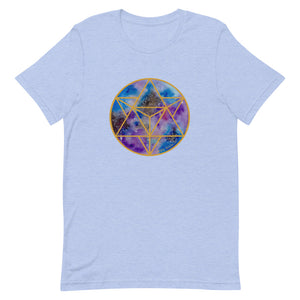 a heather blue t - shirt with a gold and blue and purple geometric design.	