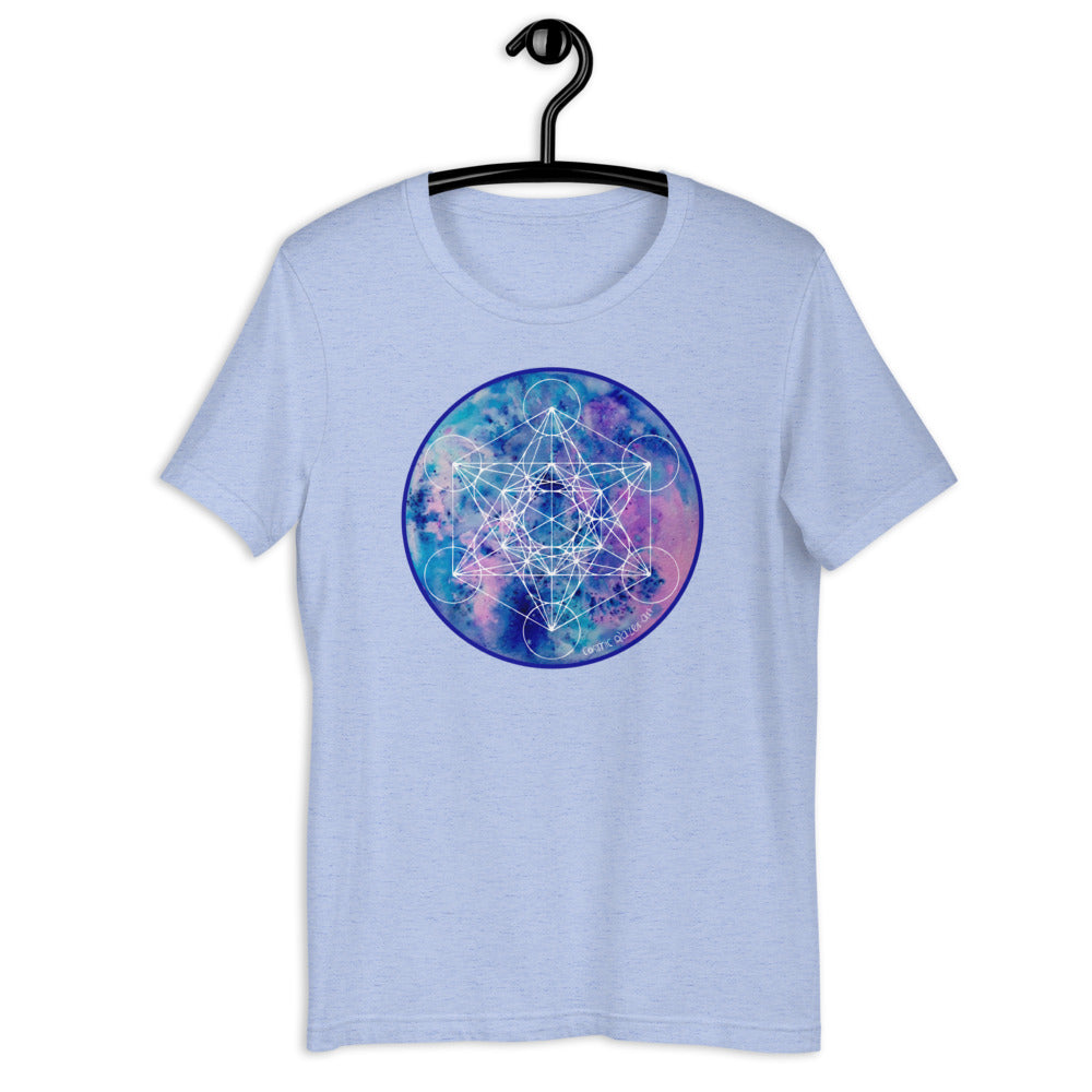 a heather blue t - shirt with a blue and purple sacred geometry design.	