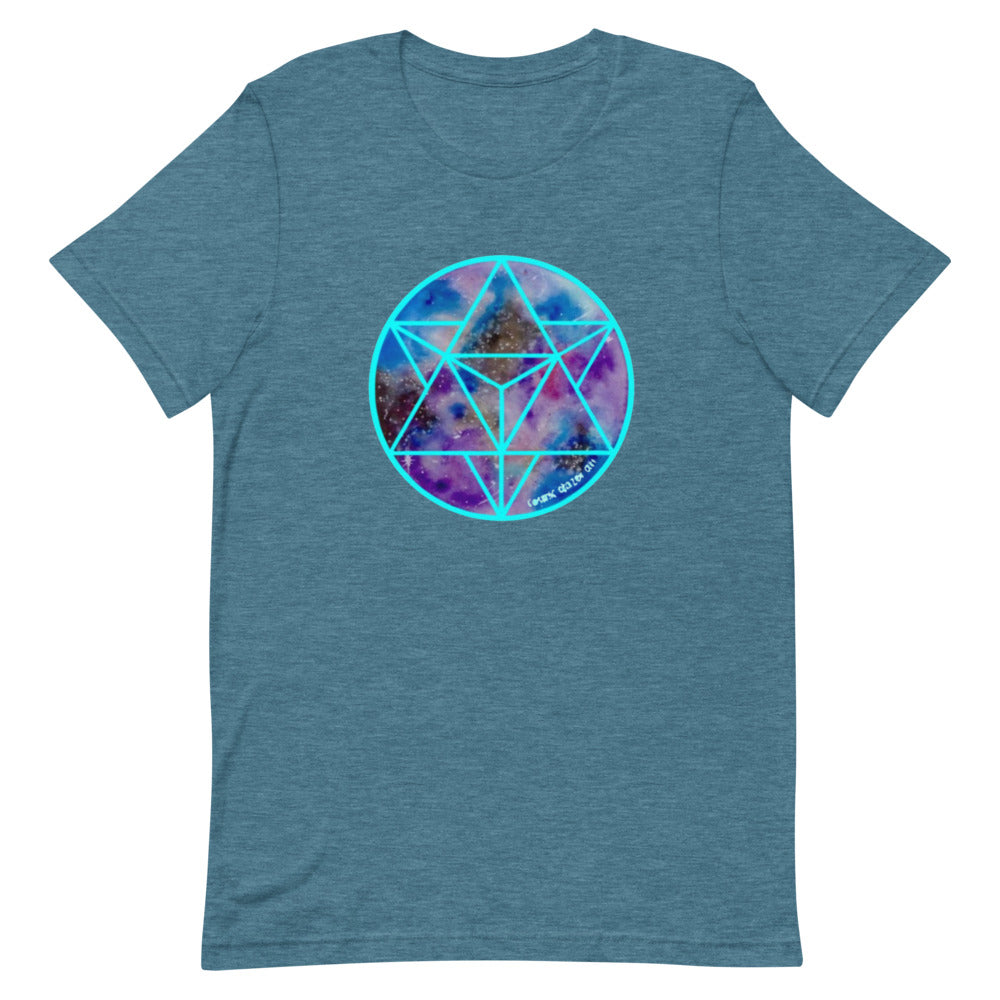 a teal t - shirt with a blue and purple sacred geometry design.	