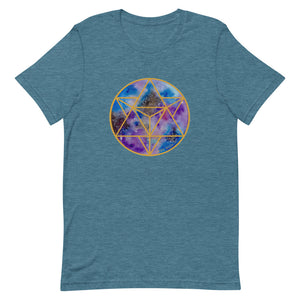 a teal t - shirt with a gold and blue and purple geometric design.	
