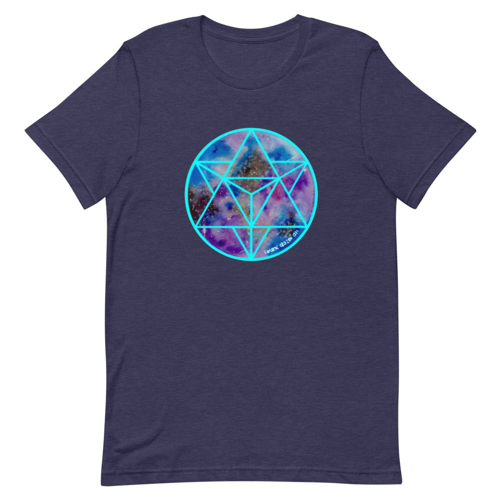 a navy t - shirt with a blue and purple geometric design.	