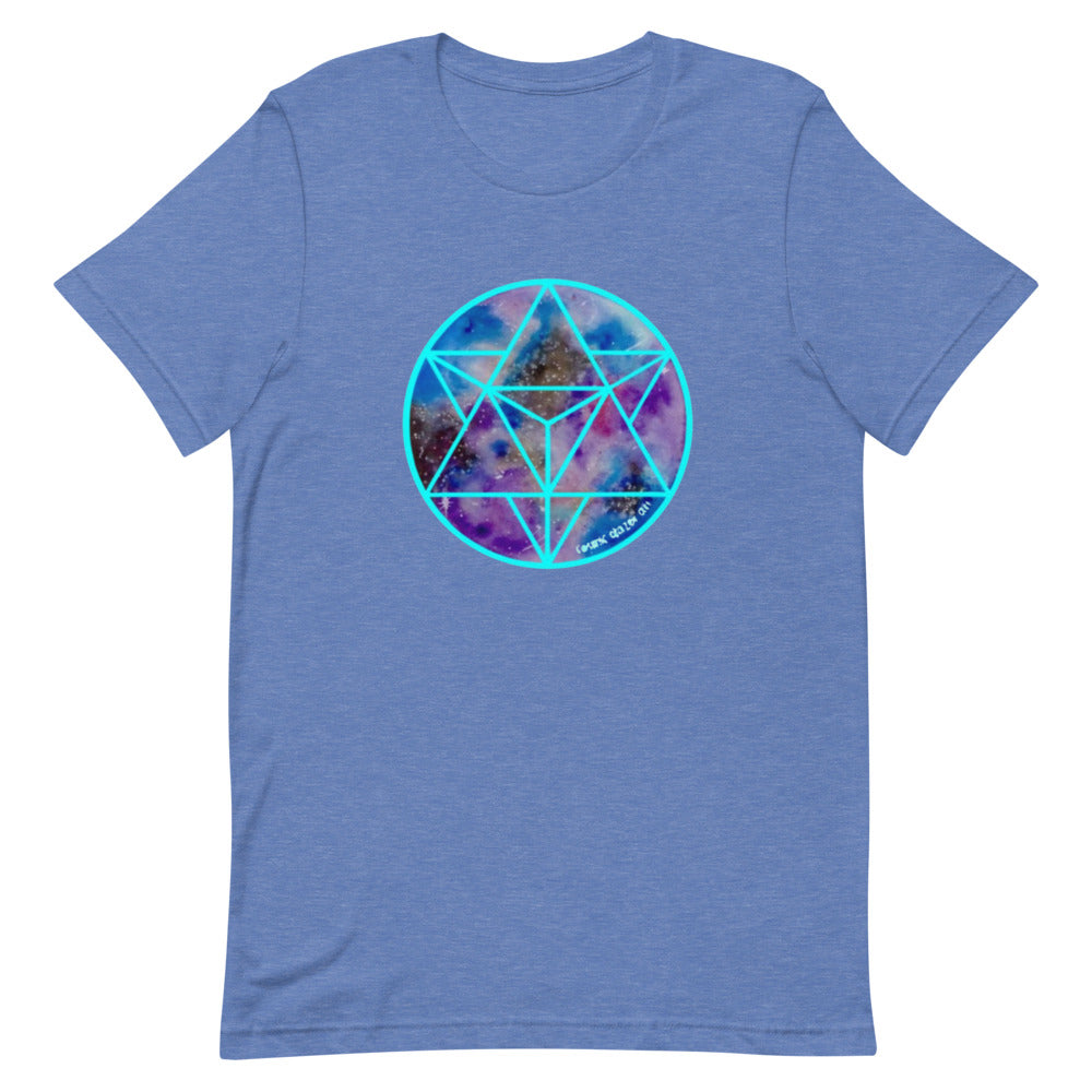 a light blue t - shirt with a blue and purple sacred geometry design.	