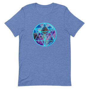 a light blue t - shirt with a blue and purple sacred geometry design.	