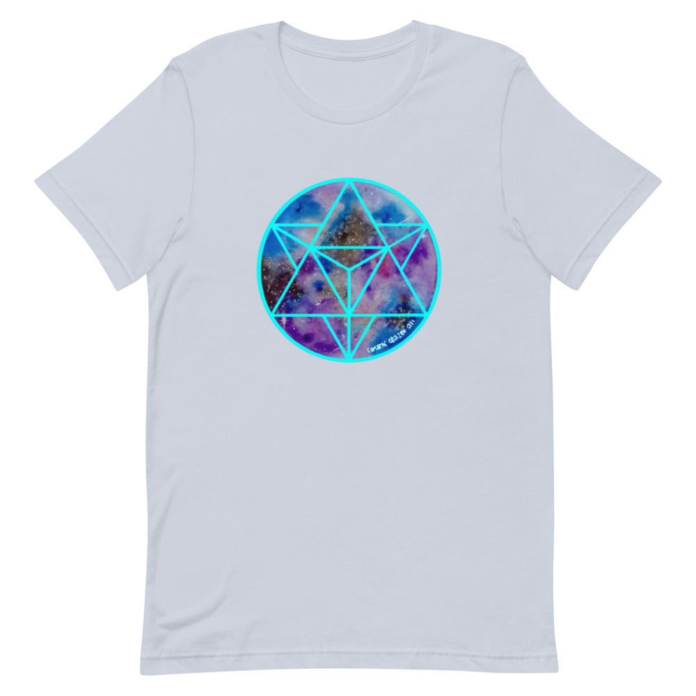 a light blue t - shirt with a blue and purple geometric design.	