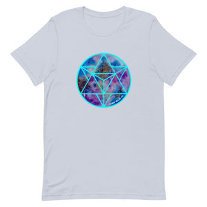 a light blue t - shirt with a blue and purple geometric design.	