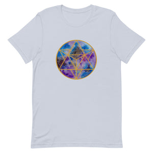 a light blue t - shirt with a gold and blue and purple with a sacred geometry design.	