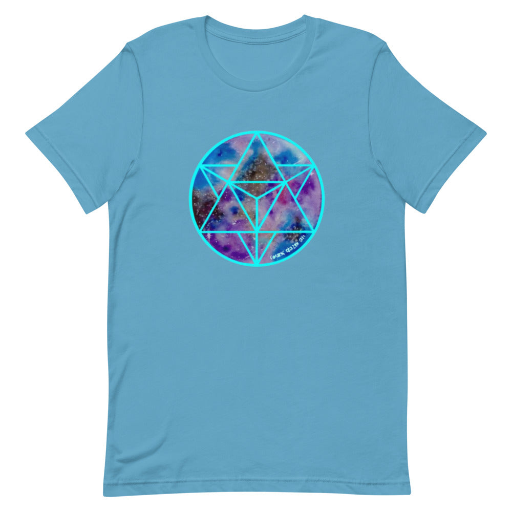 a ocean blue t - shirt with a blue and purple sacred geometry design.	
