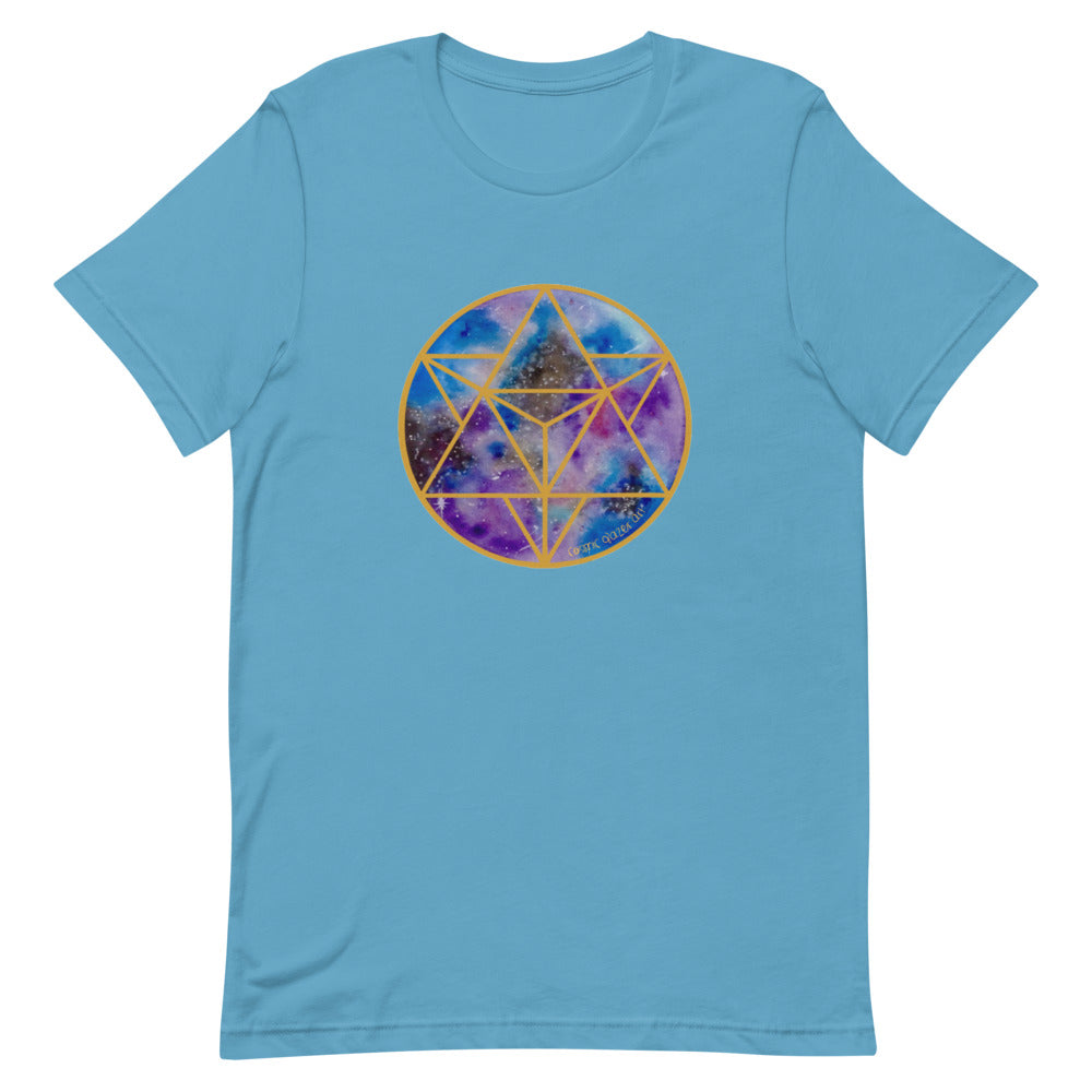 a ocean blue t - shirt with a gold and blue and purple geometric design.	