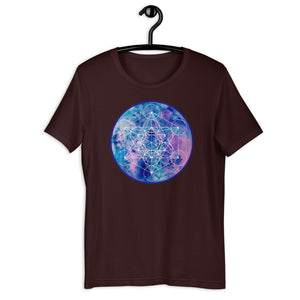 an oxblood black t - shirt with a blue and purple geometric design.	