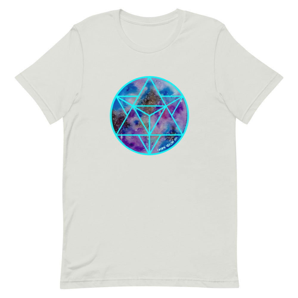 a silver t - shirt with a blue and purple geometric design.	