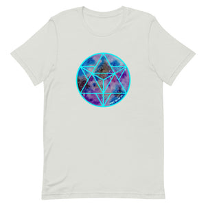 a silver t - shirt with a blue and purple geometric design.	