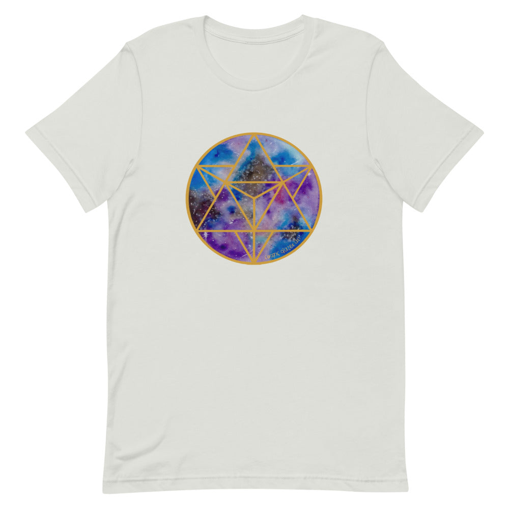 a silver t - shirt with a gold and blue and purple with a merkabah design.	
