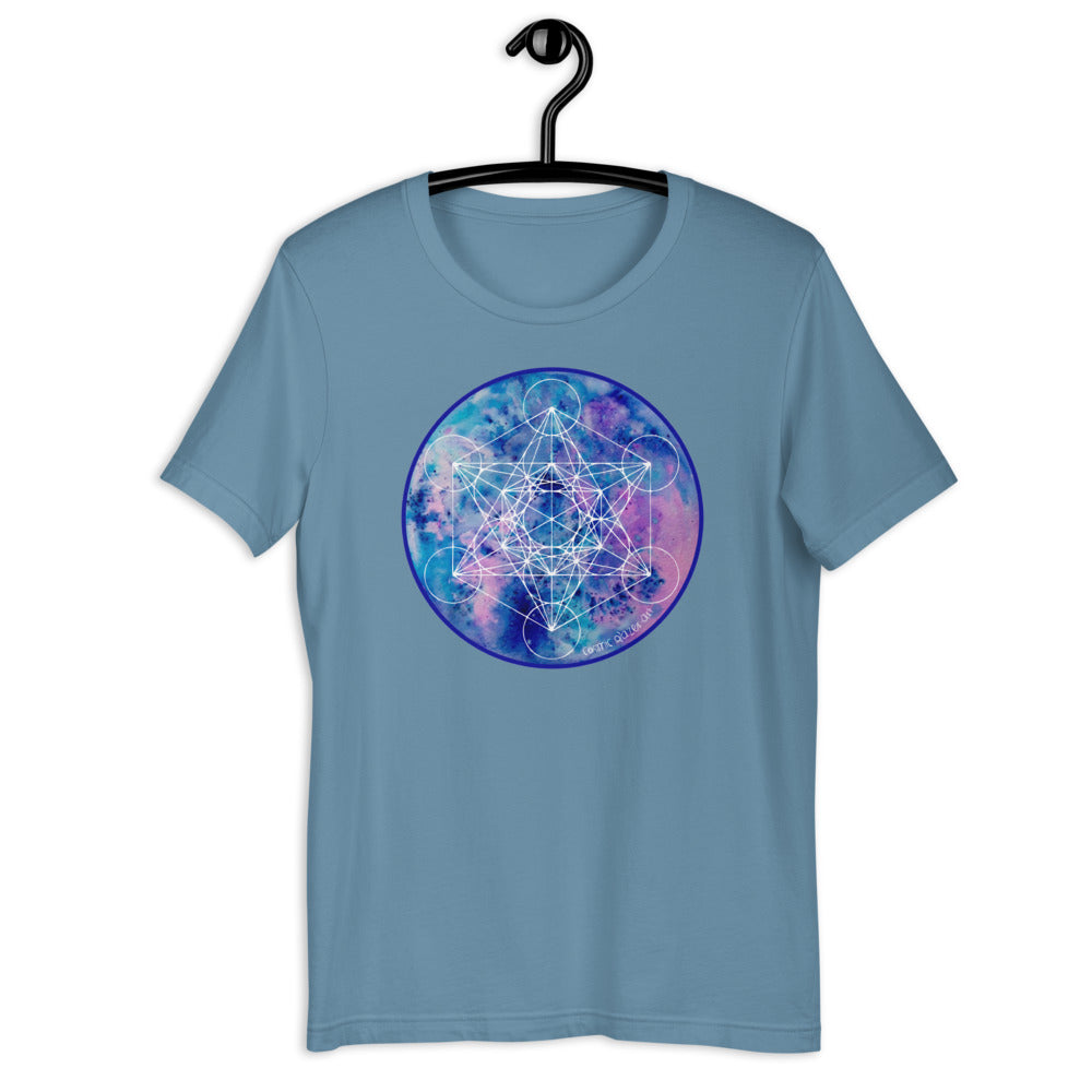 a steel blue t - shirt with a blue and purple sacred geometry design.	