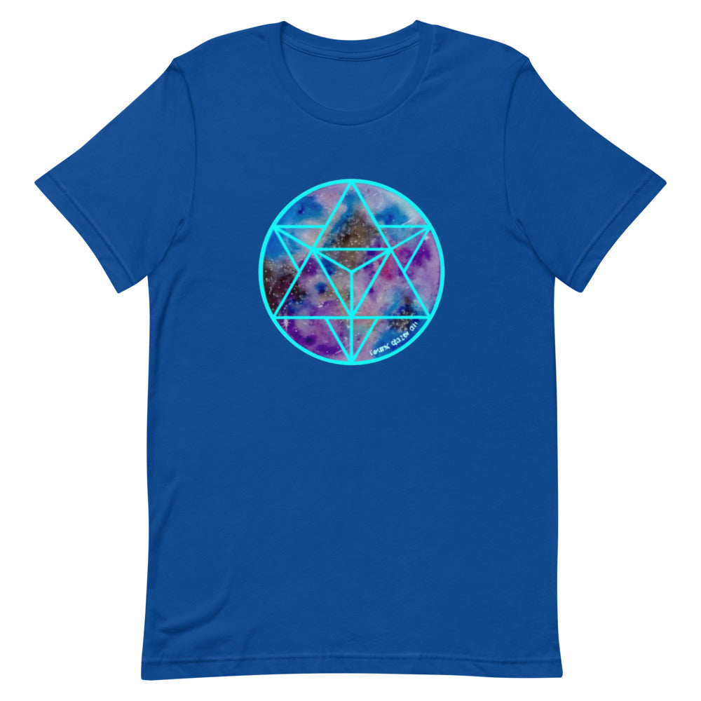 a blue t - shirt with a blue and purple geometric design.	