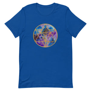 a royal blue t - shirt with a gold and blue and purple geometric design.	