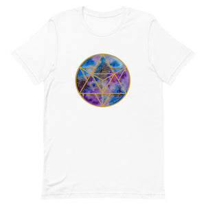 a white t - shirt with a gold and blue and purple with a merkabah design.	
