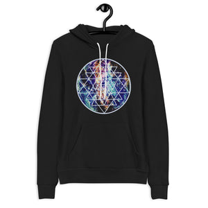 a black hoodie with teal, gold and purple galaxy and a geometric design.	