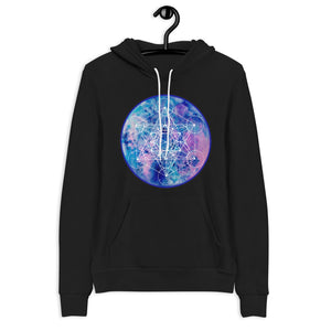 a black hoodie with a blue and purple geometric design.	