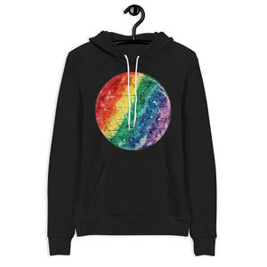 black hoodie with rainbow prism art design
