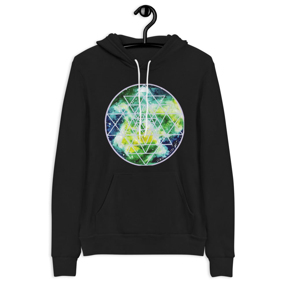 a black hoodie with blue, yellow and green galaxy and a geometric design.	