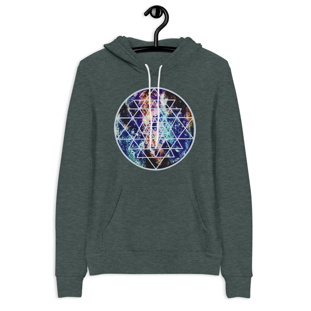 a forest green hoodie with teal, gold and purple galaxy and a geometric design.	