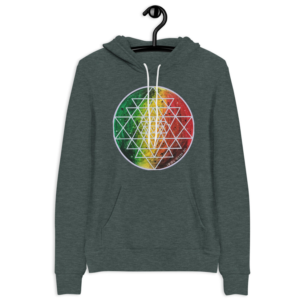 a forest green hoodie with red, yellow and green with a geometric design.	