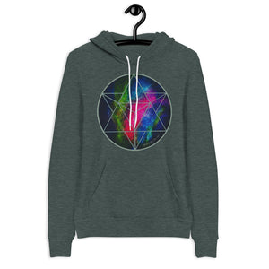 a dark green hoodie with a blue, green and pink geometric design.	