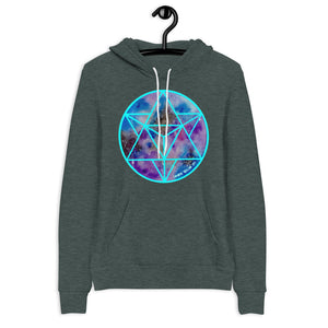 a dark green hoodie with a blue and purple geometric design.	