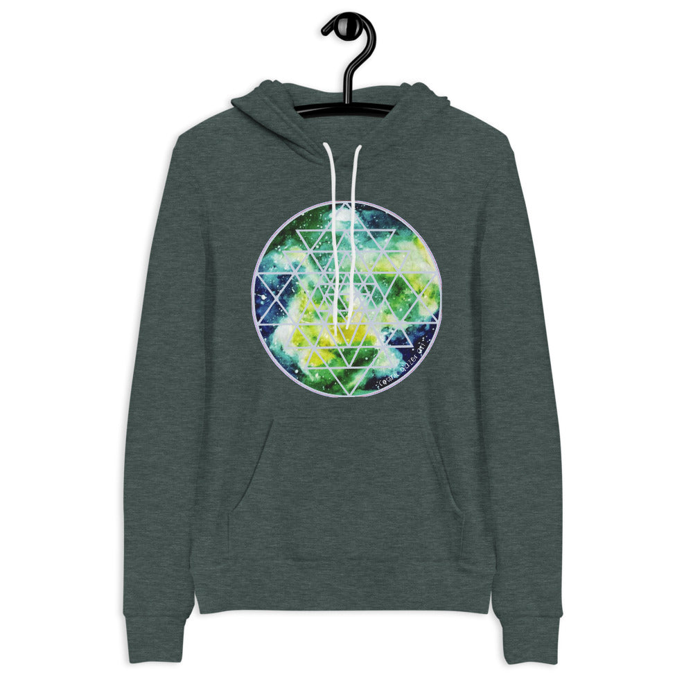 a heather forest hoodie with blue, yellow and green and sacred geometry design.	