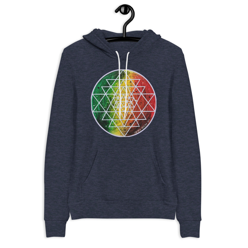 a navy hoodie with red, yellow and green with a sacred geometry design.	