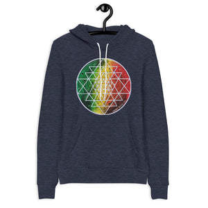 a navy hoodie with red, yellow and green with a sacred geometry design.	