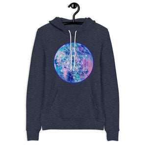 a navy hoodie with a blue and purple geometric design.	