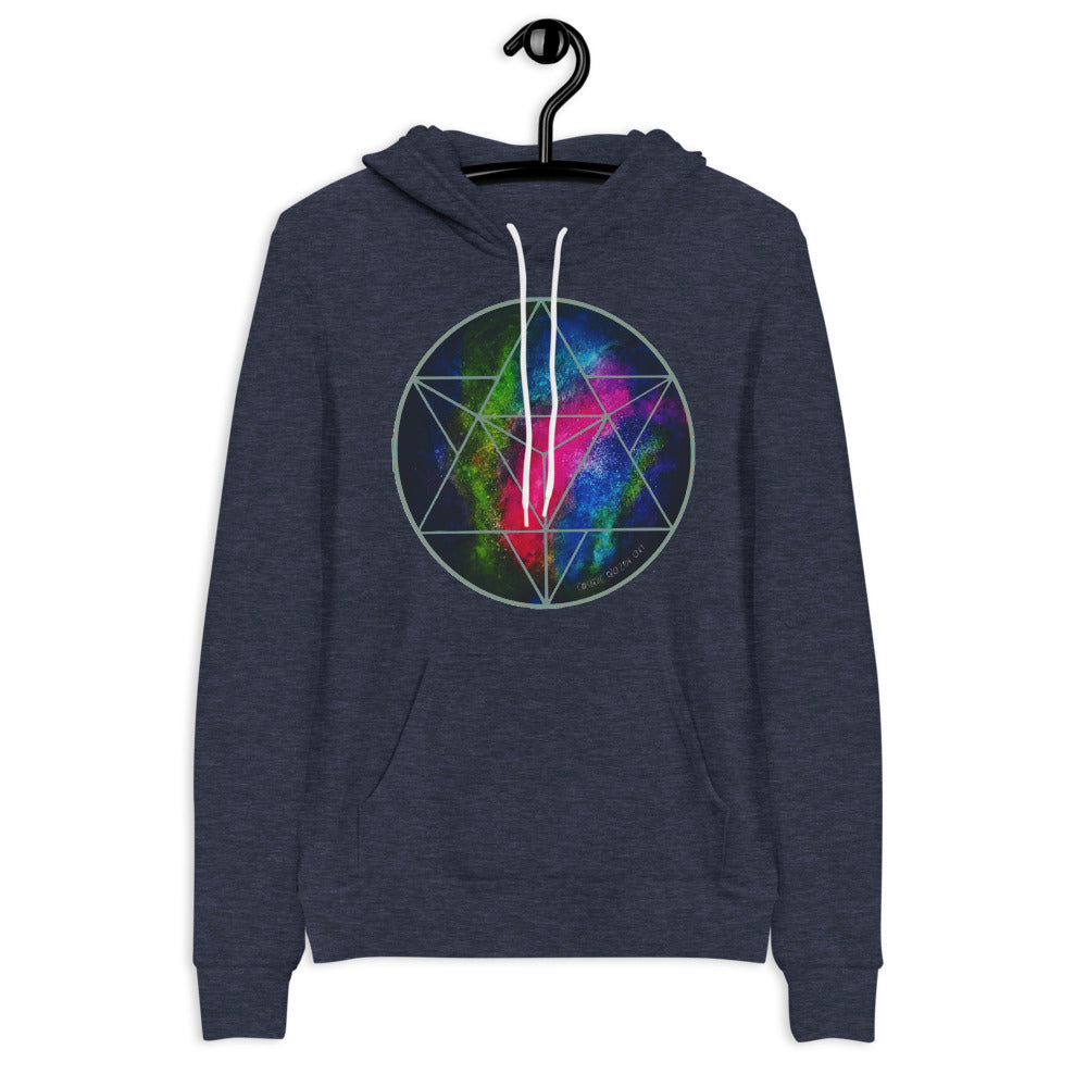 a navy hoodie with a blue, green and pink geometric design.	