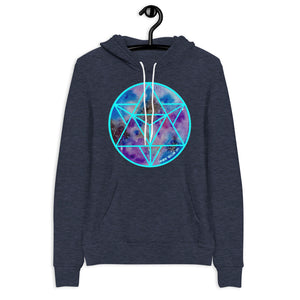 a navy hoodie with a blue and purple geometric design.	