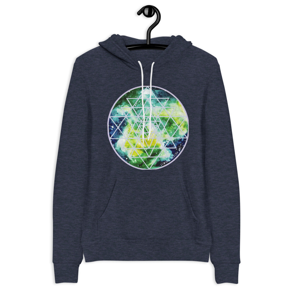a navy hoodie with blue, yellow and green and a geometric design.	