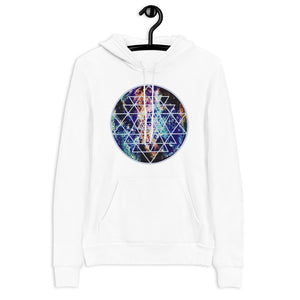 a white hoodie with teal, gold and purple galaxy and a geometric design.	