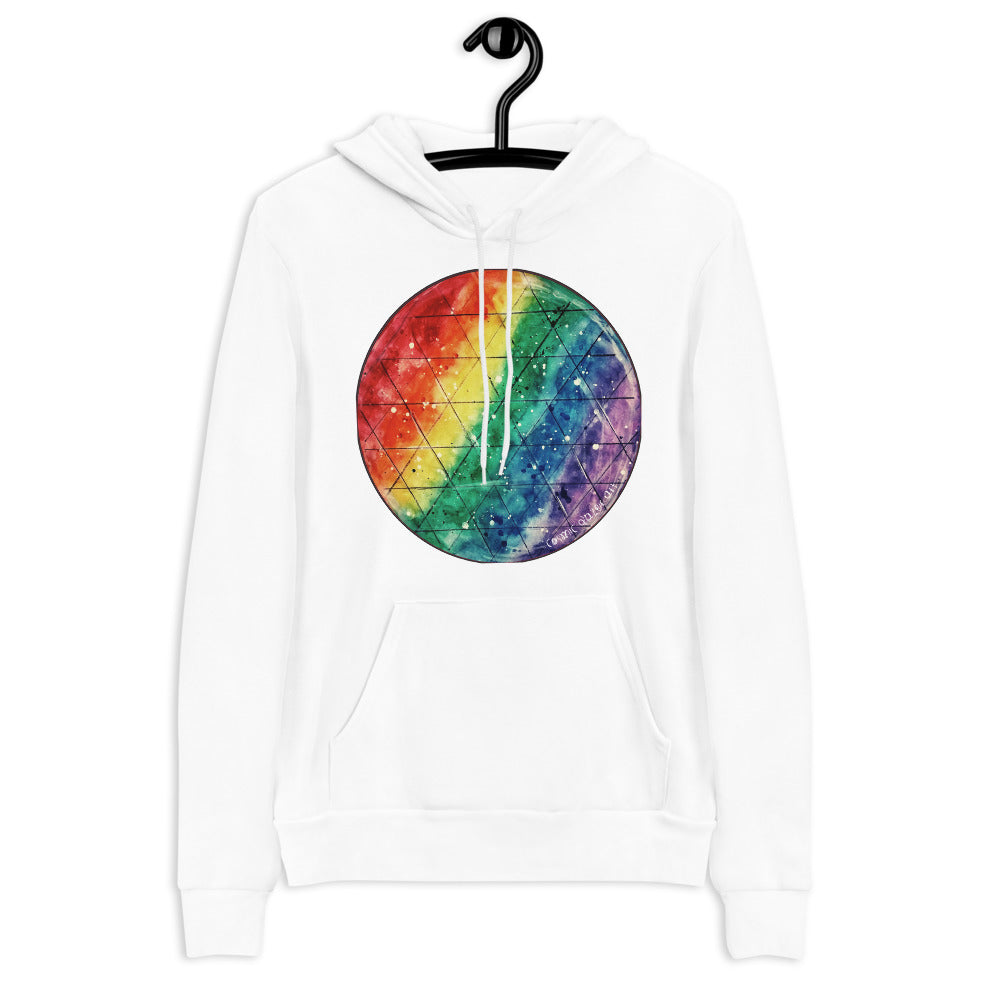 white hoodie with rainbow prism art design